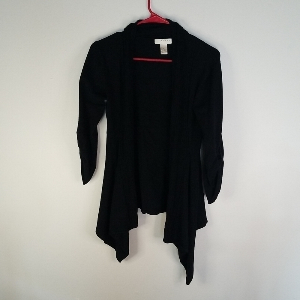 Kenar Womens Black Long Sleeve Open Front Waterfall Roll-tab Sweater Size Medium